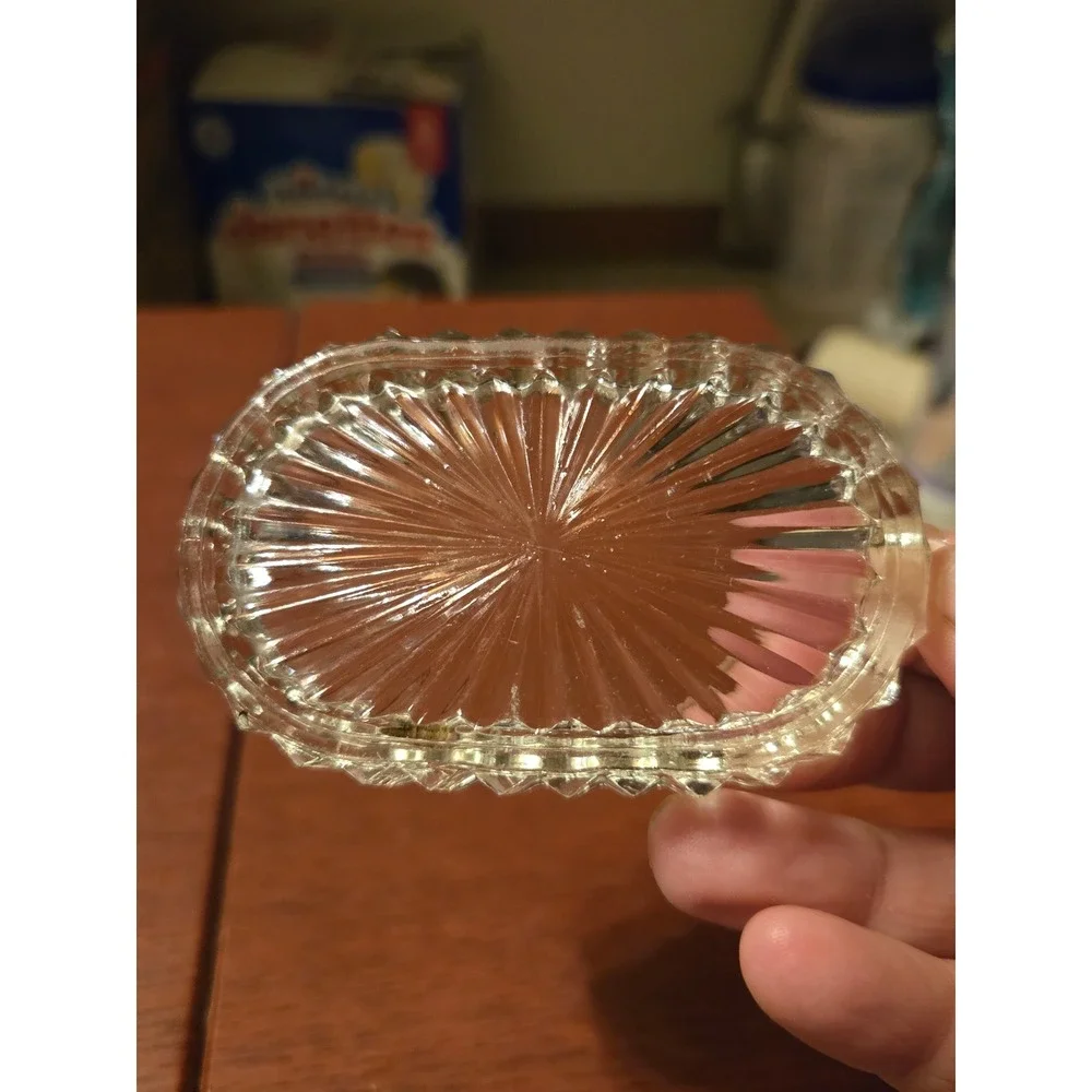 Vintage Clear Pressed Glass Trinket Dish Oval Sunburst Pattern Scalloped Edge
